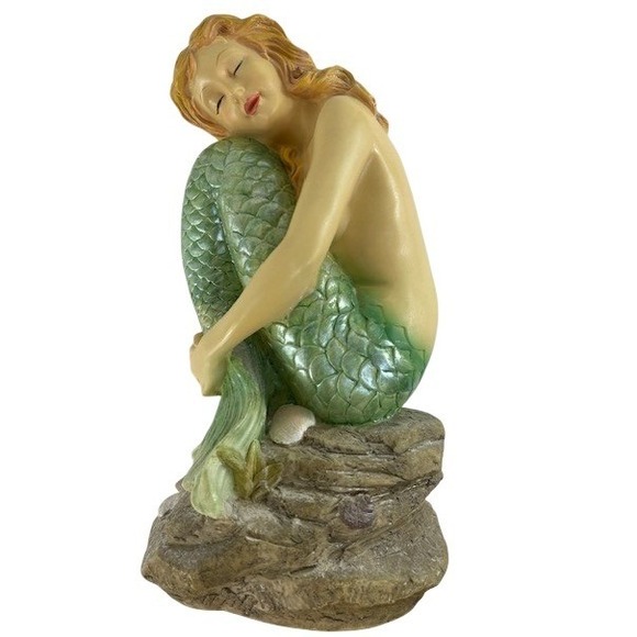 Mermaid Figurine Sitting on Rock Shells Iridescent Green Tail Statue 12 inch - Picture 3 of 10